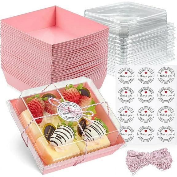 50 Pack Small Clear Treat Boxes - Dessert Boxes To Go - 5Inch Disposable Paper Mini Containers for Cookie, Cake Slice, Charcuterie, Bakery, Pastry, Strawberry, Baked Goods Packaging (Pink)