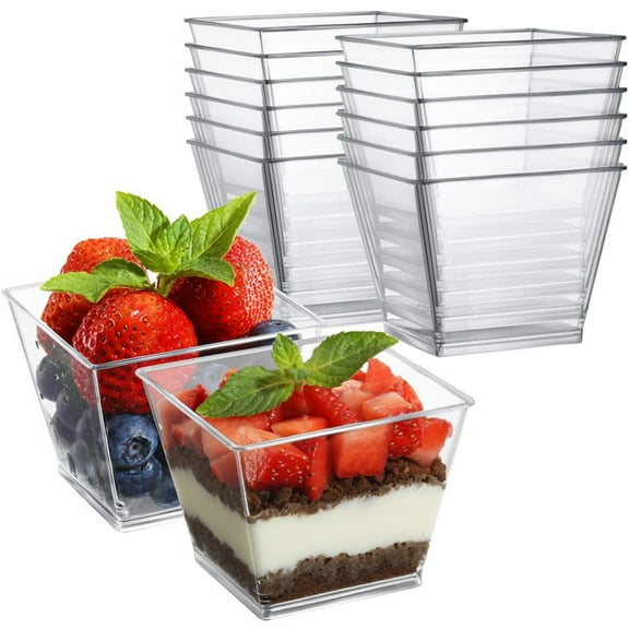 50 Pack Small Dessert Cups,2 Oz Square Cake Mousse Cups,Plastic Ice Cream Cups,Clear Tasting Cups,Disposable Appetizer Cups,for New Year Birthday Wedding Holiday Party