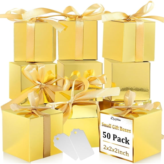 50 Pack Small Gift Boxes,2x2x2 inch Favor Boxes,Gold Gift Boxes with Ribbons,Paper Gift Boxes with Lids for Presents,Candy Boxes for Wedding,Party,Christmas,Holidays,Birthdays,Baby Shower
