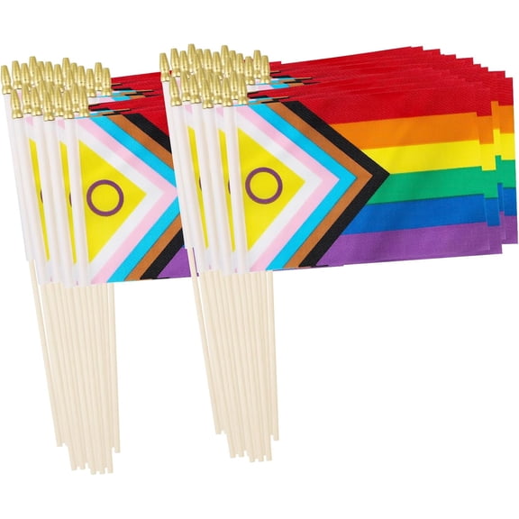 50 Pack Small New Intersex Progress Pride Rainbow Gay Stick Flag Mini Hand Held LGBTQ Flags Decorations 5x8inch