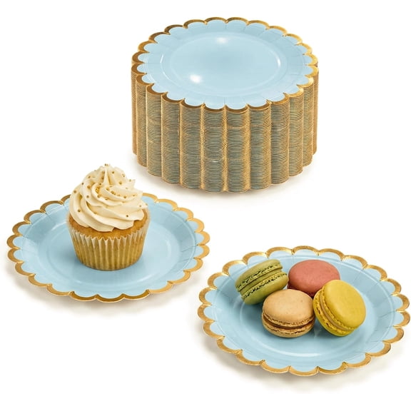50 Pack Small Paper Plates 7 Inch, Blue Disposable Plates with Gold Scalloped Rim – Perfect Easter Plates Dessert Plates for Party, Wedding, Baby Shower, Birthday,Celebrate