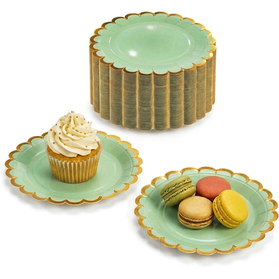 50 Pack Small Paper Plates 7 Inch, Sage Green Disposable Plates with Gold Scalloped Rim – Perfect Easter Plates Dessert Plates for Party, Wedding, Baby Shower, Birthday,Celebrate