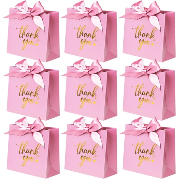 50 Pack Small Thank You Gift Bags, 4.5x1.8x3.9 Inches Party Favor Bags, Mini Pink Thank You Bags with Ribbon, Wedding Candy Favor Boxes, Paper Gift Bags for Baby Shower, Birthday Party