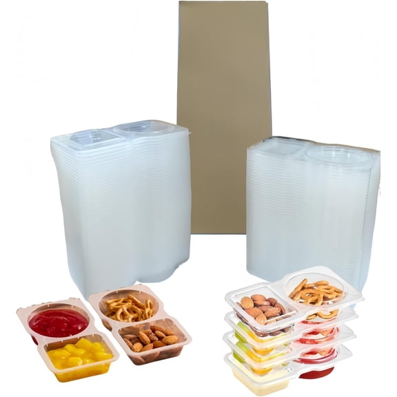 50-Pack Snack Containers with , Disposable Double Compartment Sauce Cups, Portable Plastic Boxes for Snacks, Dips, Meal Prep, Portion Control, School, Office, Camping & Travel