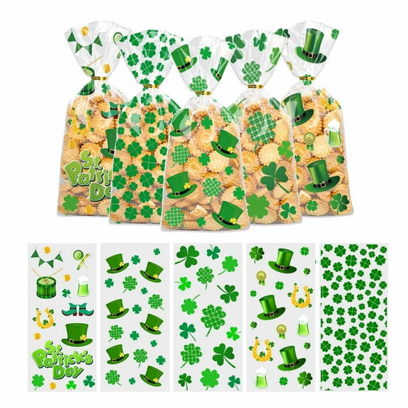 50 Pack St. Patrick Day Candy Cellophane Bags with 60 Twist Ties,Green Lucky Shamrock Candy Bags Goodie Bags Gift Bags Cookie Goodie Gift Snack Treat Bag for Holiday Party Supplies