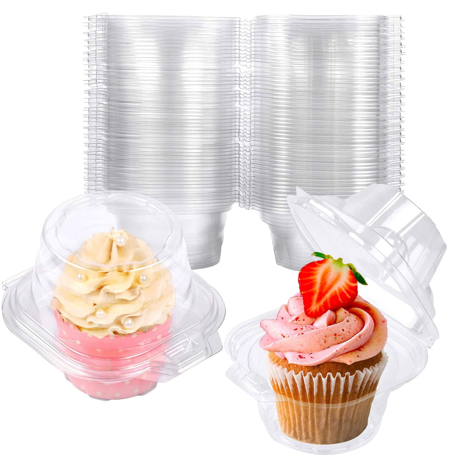 50 Pack Stackable Plastic Cupcake Containers Deep Dome Food Storage ...