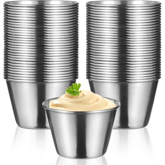 50 Pack Stainless Steel Dipping Sauce Cups, 2.5 oz Metal Ramekins Condiment Sauce Cups Reusable Round Containers Small Ramekins Cups for Kitchen Restaurant Camping BBQ Party Seafood