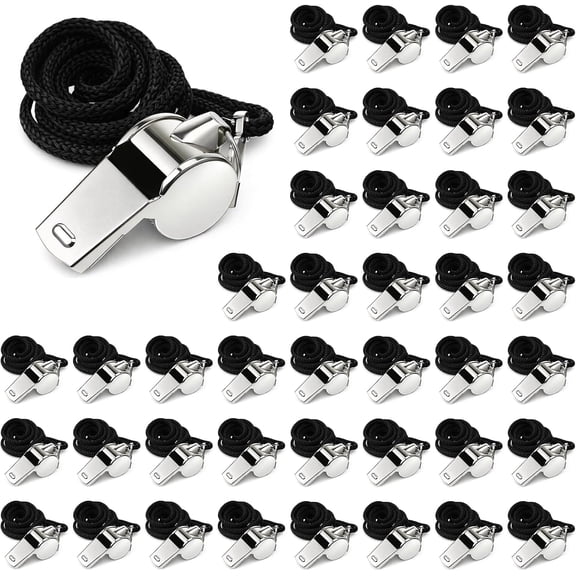 Allio 50 Pack Stainless Steel Whistles for Coaches, 120db Loud Crisp Sound Sports Whistles Bulk with Lanyard, Loud Metal Whistle Bulk for Lifeguard Survival Emergency Safety Training, Silver
