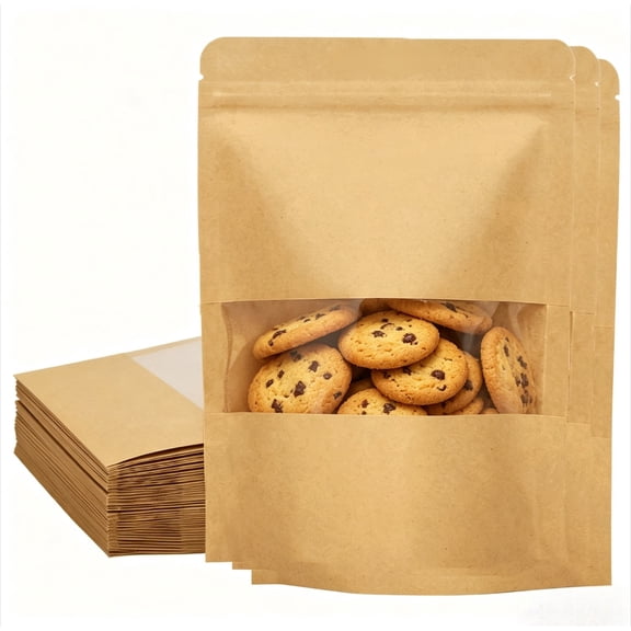 > **50 Pack Stand Up Kraft Paper Pouches, Resealable Zip Lock Storage Bags with Clear Window & Tear Notch for Dry Goods Food**