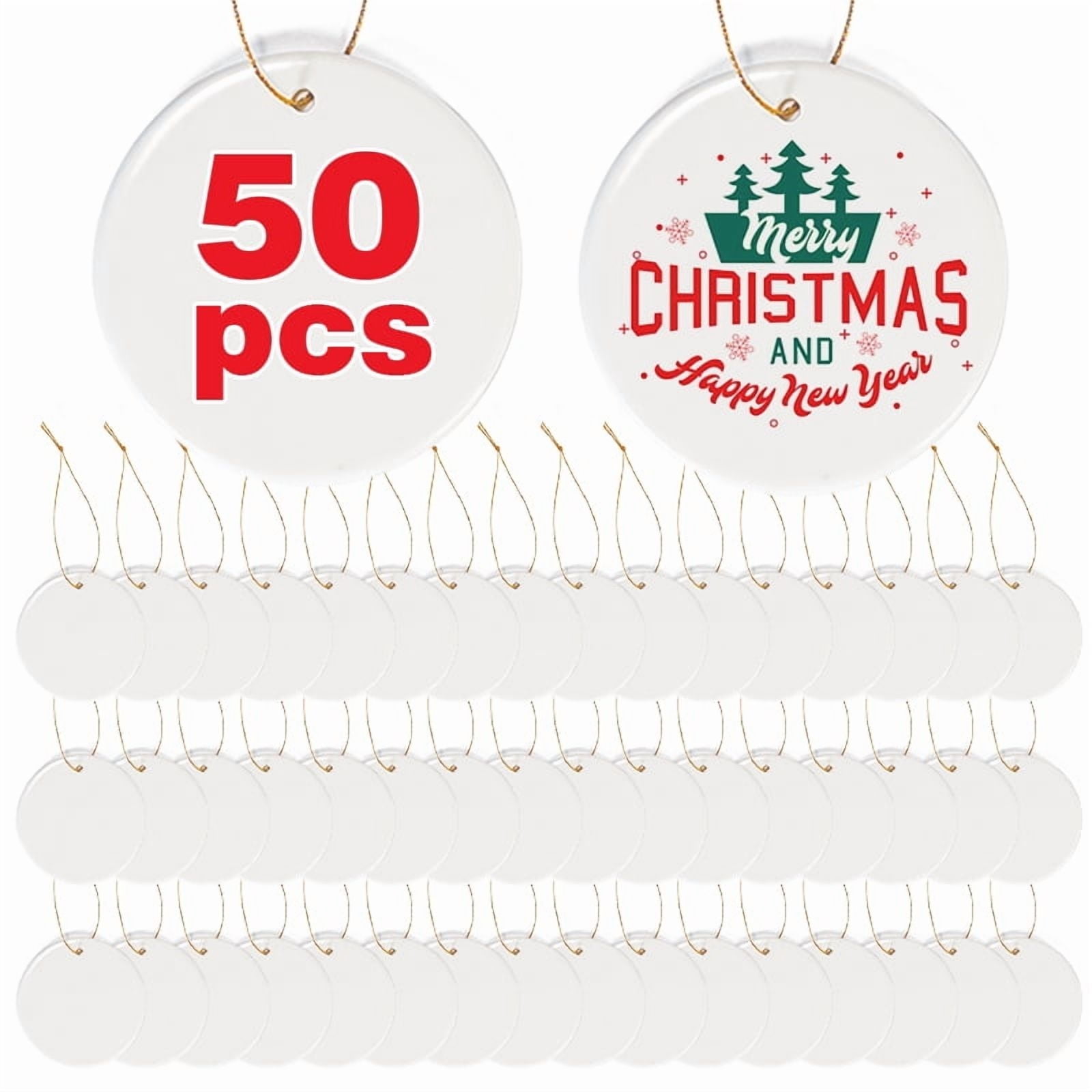 50 Pack Sublimation Ornament Blanks 3" Ceramic Two-Sided Printed Sublimation Christmas Ornaments Bulk Round White Ornaments for Personalized Xmas Tree Ornament Home Decor Heat Transfer DIY Craft