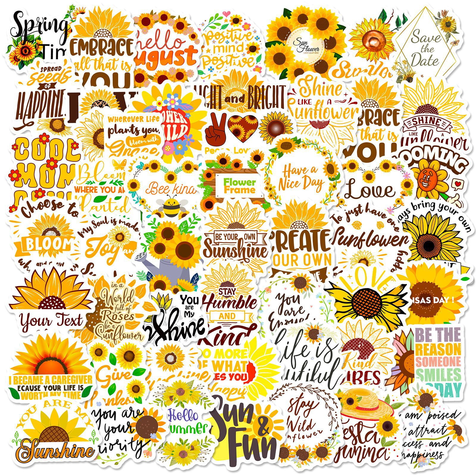 50-Pack Sunflower English Word Stickers - Fresh Ins-Style Cartoon Sunflower Decals for Phones, Laptops, and DIY Projects