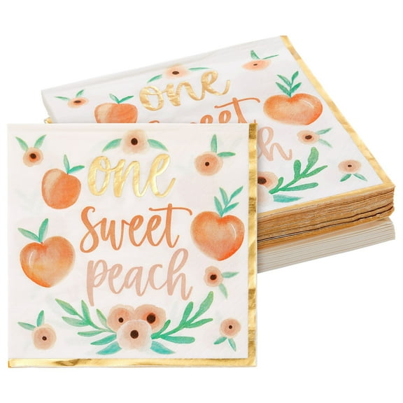 Sparkle and Bash Peach Paper Napkins - 6.5 x 6.5 In, 50 Pack, 1-Ply - Gold Border & Floral Design Napkins for Peach Baby Shower & Birthday Party Napkins
