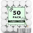 thumbnail image 1 of 50 Pack Tea Lights Candles, 8 Hours Long Burning Tealights Candle Bulk, Smokeless & Unscented Candles, White Tea Lights Candle for Shabbat Weddings Home Decor Table Centerpiece, 1 of 7