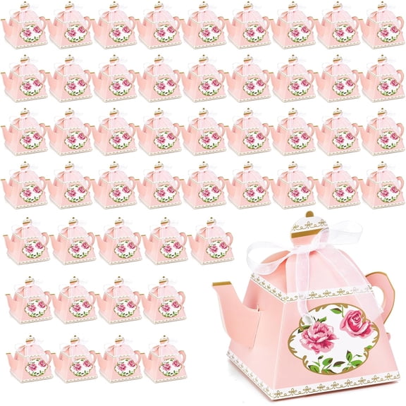 50 Pack Teapot Candy Boxes, Vintage Floral Teapot Box, Mini Teapot Favor Boxes with Ribbon, Pink Tea Party Favor Boxes Set for Tea Garden Wedding Bridal Birthday Baby Shower Party Decoration
