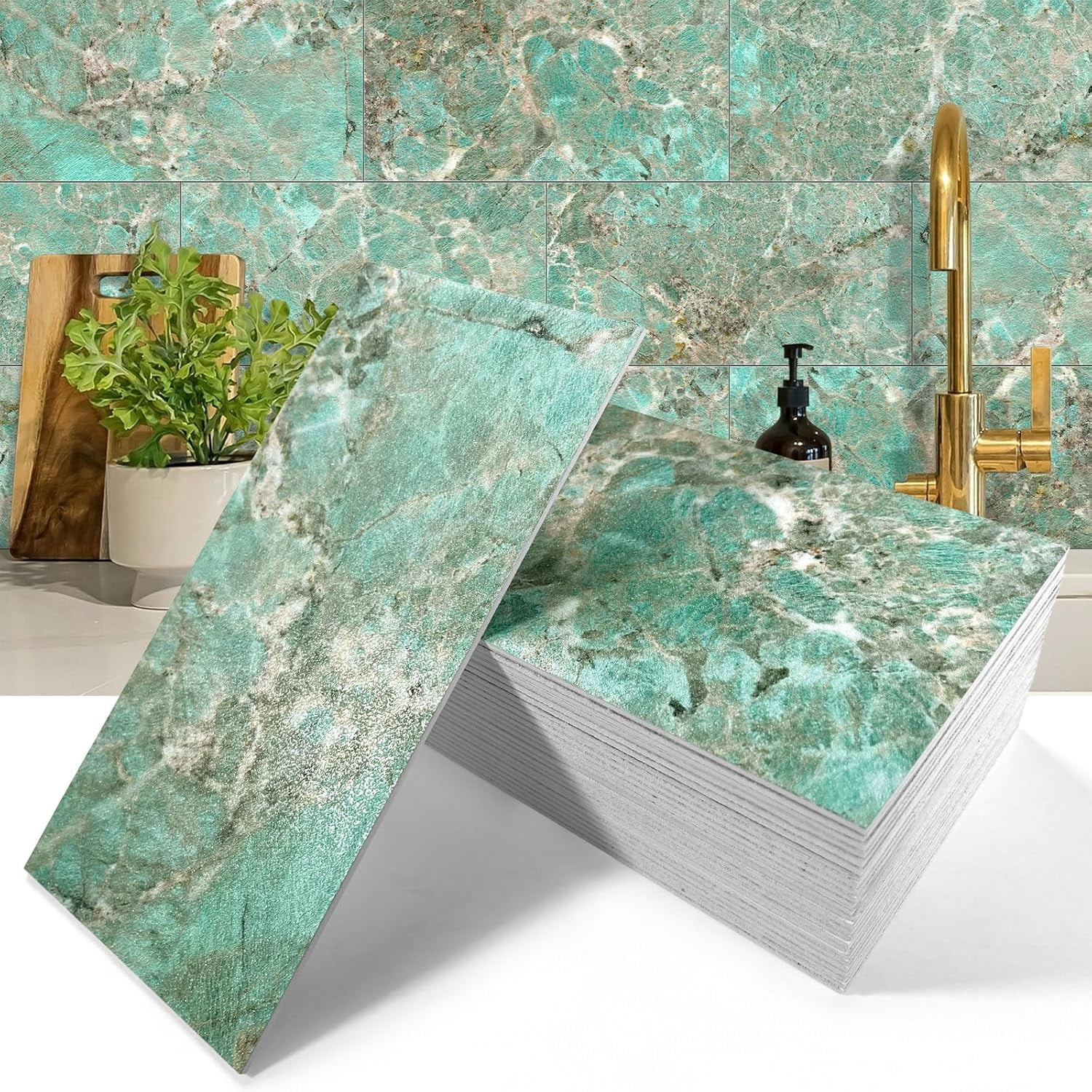 50-Pack Thick PVC Subway Tiles, 4"x 8" Peel & Stick Backsplash  Turquoise Marble Self-Adhesive Wall Tiles for Kitchen, Bathroom, Fireplace, RV (11.11 Sq. Ft.)