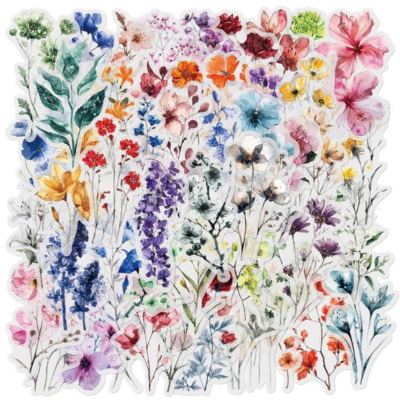 50-Pack Transparent Waterproof Wildflower Stickers, Floral Scrapbook Decals for Cards Journals Resin Art, Vibrant Nature Flowers, Multicolor