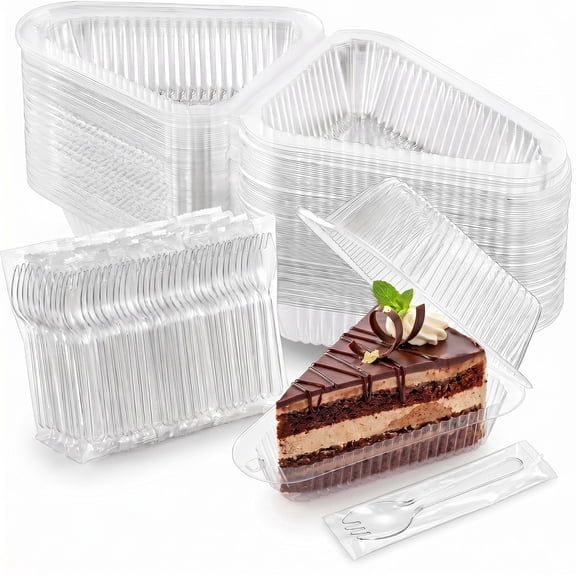 50-Pack Disposable Cake Slice Containers with Spoons – Clear Plastic Triangle Cake Boxes with Hinged Lids for Cheesecake, Pie, Sandwiches & Desserts