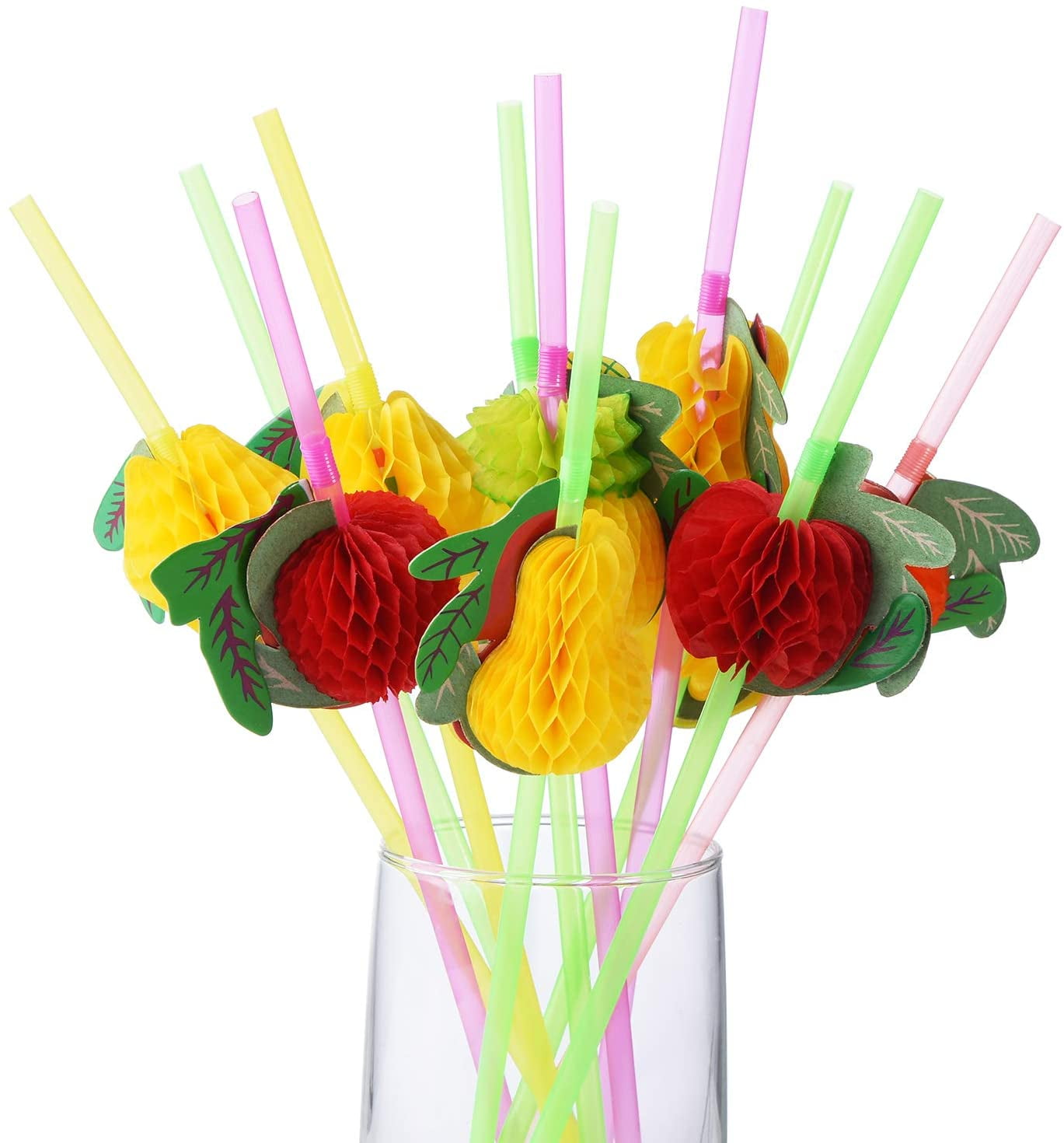 50-Pack Tropical Fruit Plastic Drinking Straws, Hawaiian Beach Cocktail Luau Party Decorations Supplies