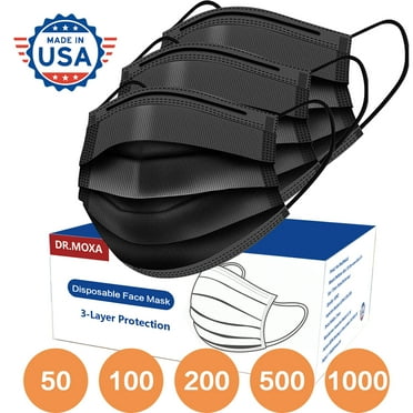 50 Pack USA Made Black Disposable Face Masks USA Made 3 Ply for Protection, Elastic Ear Loop Filter Mask for Adult