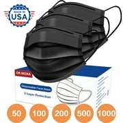 50 Pack USA Made Black Disposable Face Masks USA Made 3 Ply for Protection, Elastic Ear Loop Filter Mask for Adult