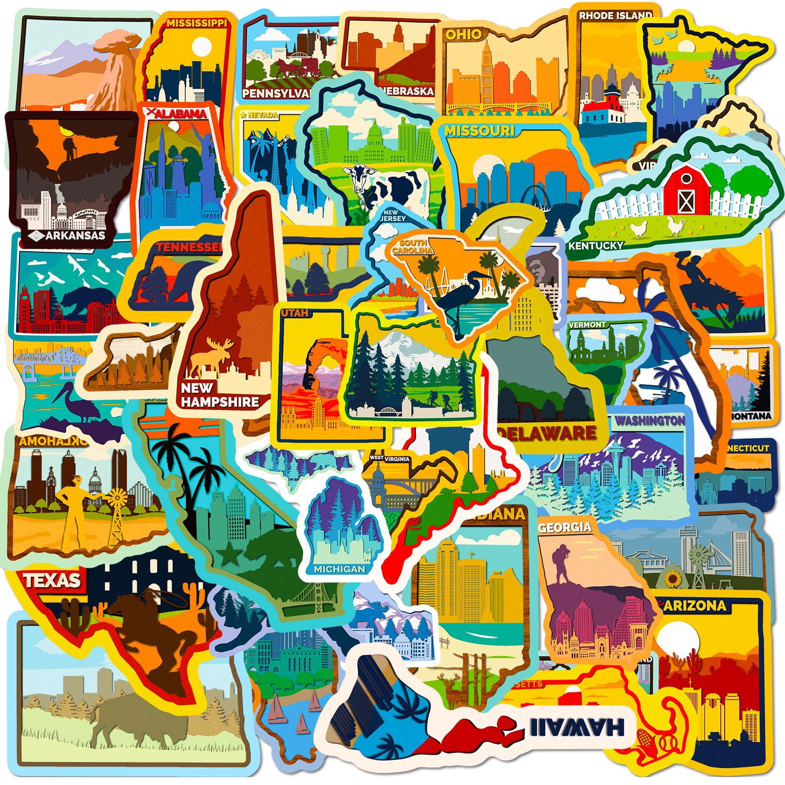 50-Pack USA States Stickers - Graffiti-Style U.S. State Maps and City Map Stickers for DIY and Decoration