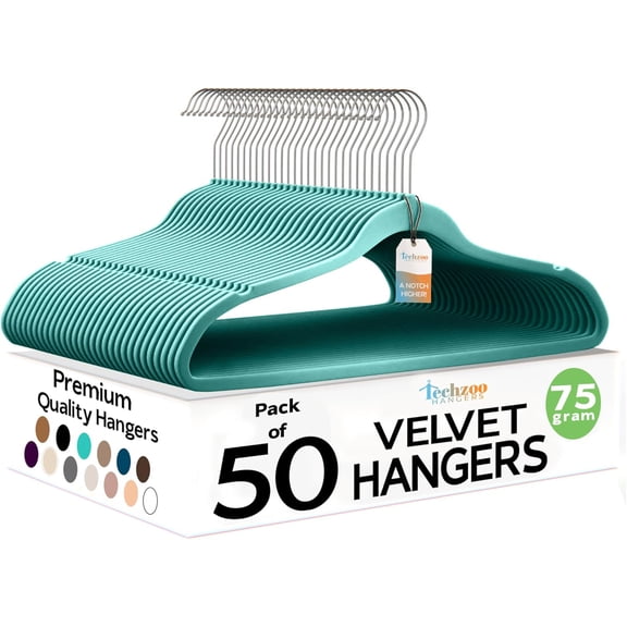 50 Pack Ultra Thin Non Slip Velvet Hangers with 360 Swivel Hook Teal