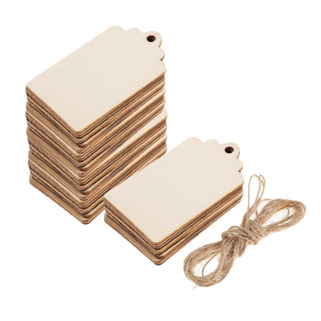 50 Pack Unfinished Wood Tag - Rectangle Wooden Gift Tags with Jute Ropes, Rustic craft Labels for Home DIY Supplies, Wedding Decoration