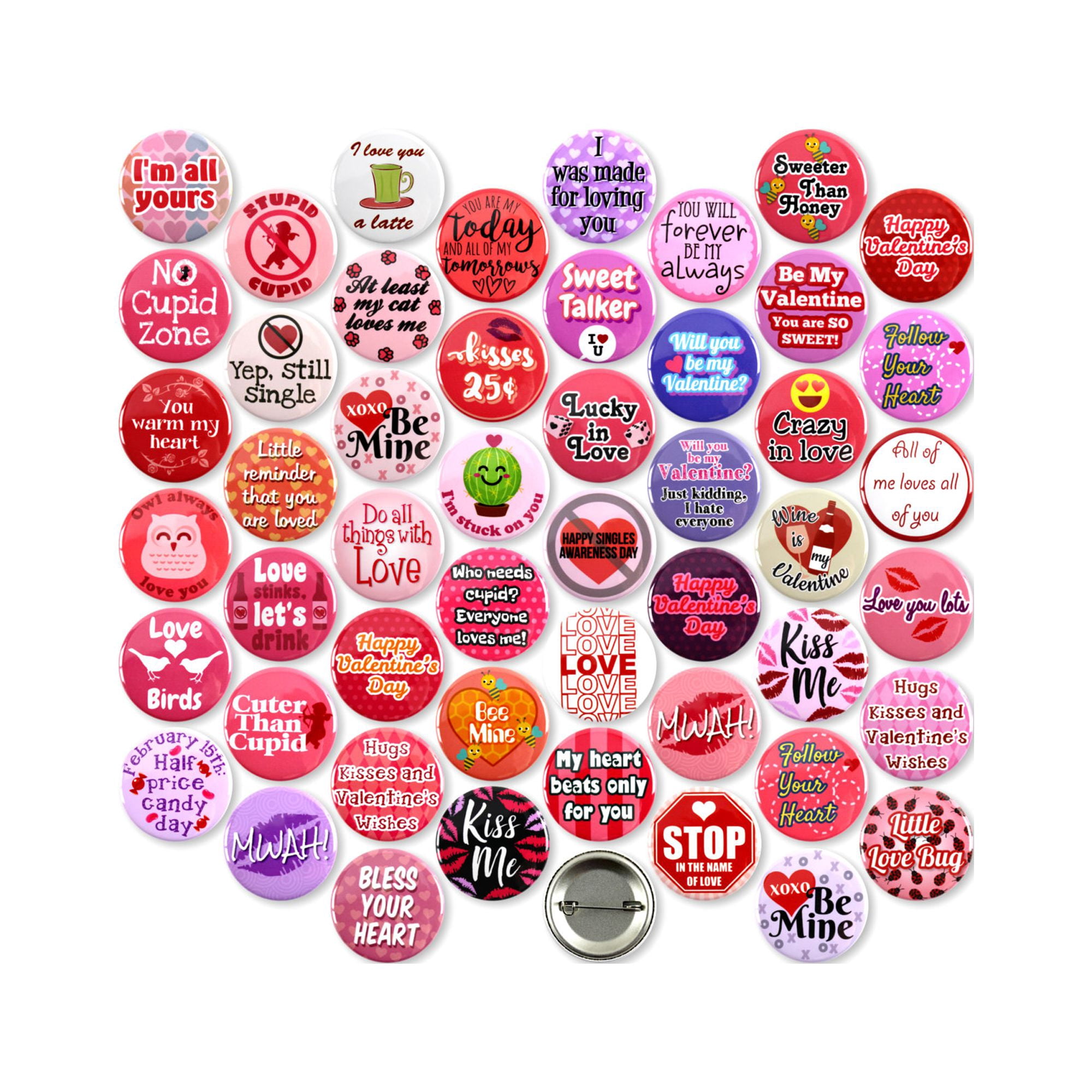 Valentine Button 50 Pack - Valentine's Day Mega Pack Pinback Button Badges - 1.5 Inch ...