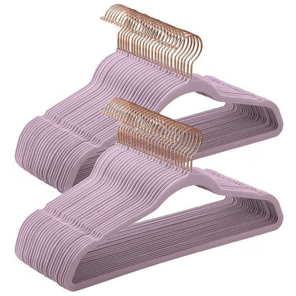 50-Pack Velvet Hangers with Rose Gold Swivel Hooks, Non-Slip Heavy-Duty Slim Clothes Hangers, 11 lb Capacity, Light Purple