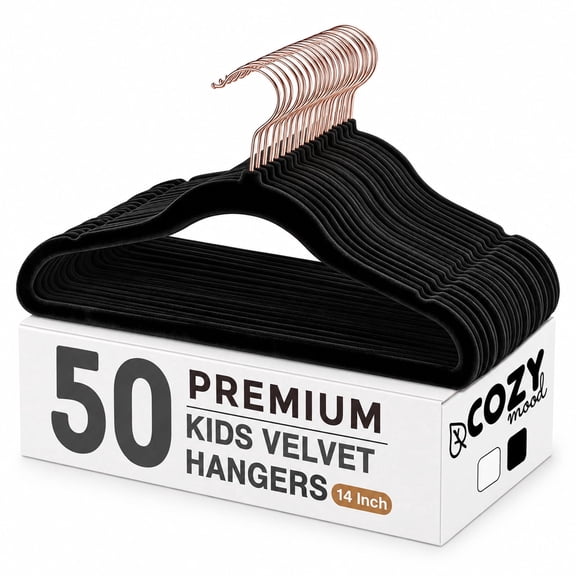 Cozymood Kids Velvet Hangers, 50 Pack 14 inch Children Clothes Hangers Non Slip Kids Felt Hanger, Space Saving Toddler Hanger, Black