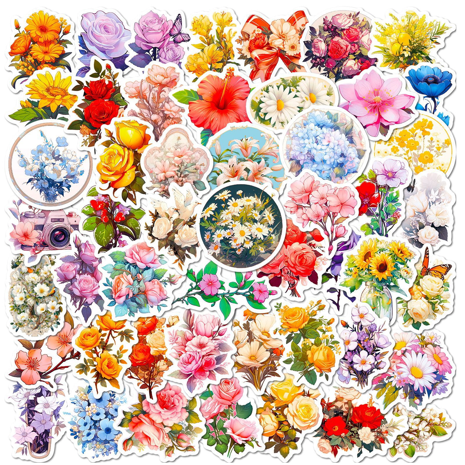 50-Pack Vintage Floral Stickers - Retro Flower Plant Doodles, Creative Journal Stickers for Scrapbook, DIY, and Decorating