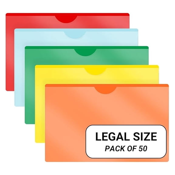 - 50 Pack, Vinyl Plastic Pocket File Folders Closed Sides, Legal Size, Clear Front Top Loading Job , Documents Holder for Office, High School and Medical Files, 5 Assorted Color