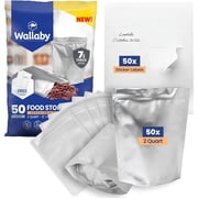 Wallaby 50 Count 2-Quart Gusset Mylar Bags with Labels, 14 Mil Total Thickness Long-Term Food Storage Pouches, 12x8 Stand-Up Zipper Heat-Sealable Airtight Packaging - Silver