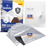 50 Pack Wallaby Mylar Bags for Food Storage,1-Cup (5 Mil - 5" x 7") Includes 50 Labels, Heat Sealable - Silver