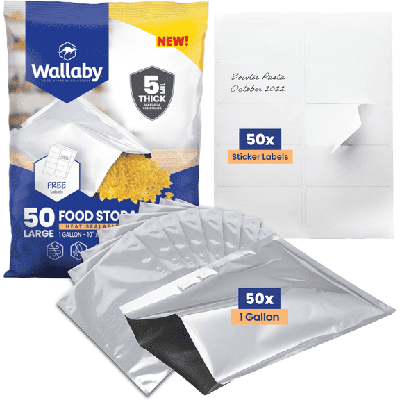 50 Pack Wallaby Mylar Bags for Food Storage,1-Gallon (5 Mil - 10" x 14") Includes 50 Labels, Heat Sealable - Silver