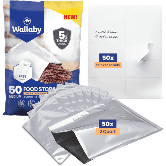 50 Pack Wallaby Mylar Bags for Food Storage, 2-Quart (5 Mil - 8" x 12") Includes 50 Labels, Heat Sealable - Silver
