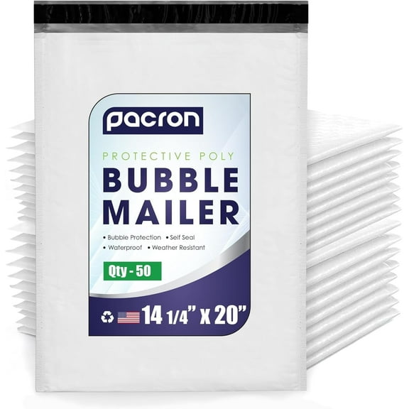 50-Pack Waterproof Poly Bubble Mailers, 14.25"x20", Durable Envelopes with Adhesive