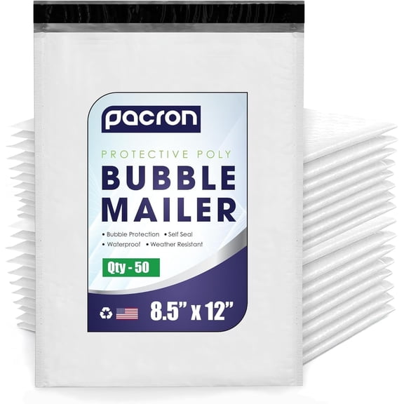 Pacron Poly Bubble Mailers 8.5x12 inch 50-Pack - Waterproof Self-Sealing Thick Padded Envelope for Shipping - Durable Shipping Envelopes for Jewelry, Electronics & Accessories