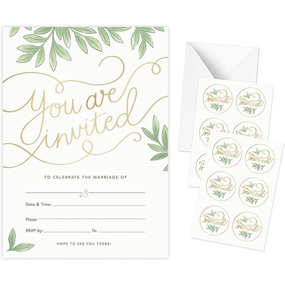 50 Pack Wedding Invitation Cards with Envelopes, Bonus Stickers Included, Gold Foil Print & Leaf Design, 5"x7", Wedding Invitations with Envelopes and RSVP Cards, Wedding Invitation Kit