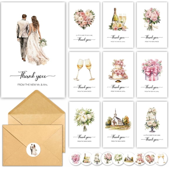 50 Pack Wedding Thank You Cards with Envelope, 10 Designs Notes Bulk 4x6In Wedding Gift Card, Mr & Mrs Thank You Cards for Guests, Bridal Shower