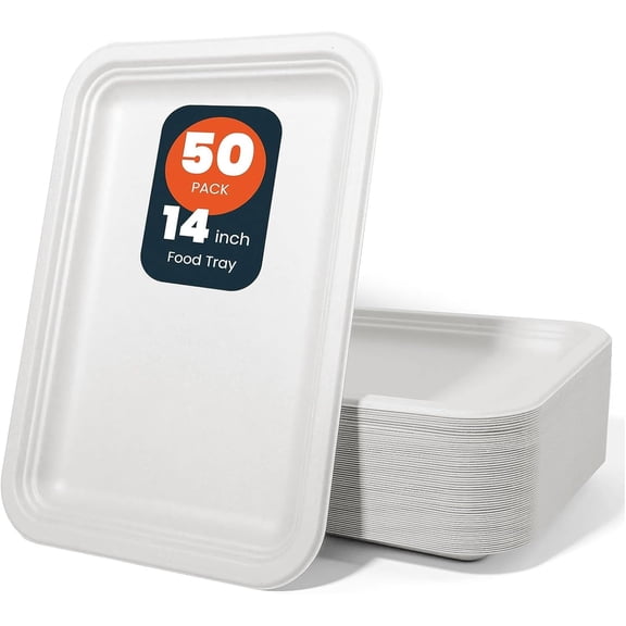 50 Pack White 14-Inch Heavy-Duty Compostable Food Trays | Extra Large Disposable Platters for BBQ, Seafood Boils, Catering & Holidays | Eco-Friendly Paper Serving Trays