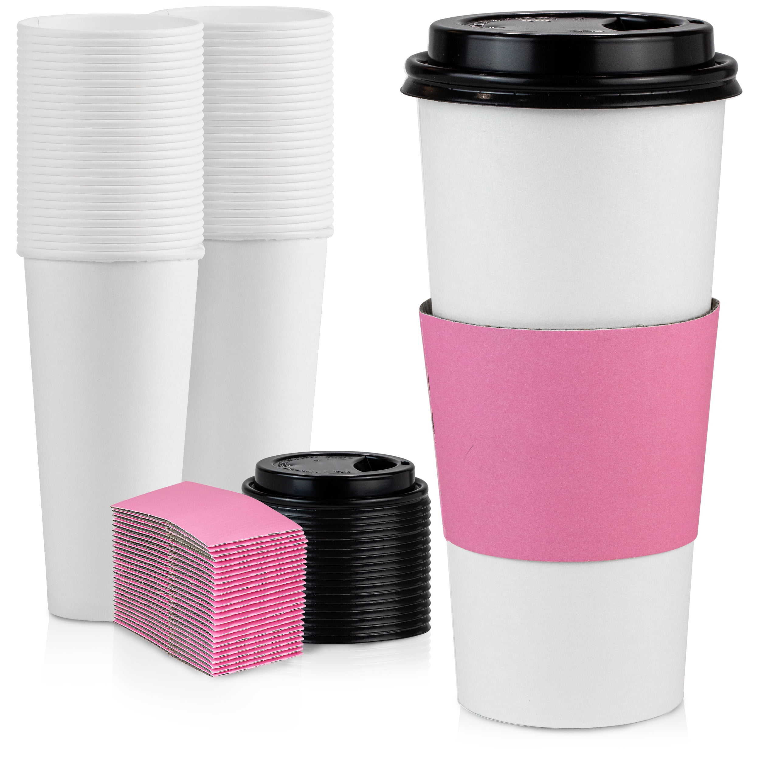 [50 Pack] White Coffee Cups with Black Dome Lids and Pink Sleeves - 24 oz Disposable Paper Cups - To Go Cup for Hot Chocolate, Tea, Cold Drinks Take Out - Cafes Bistros Restaurants Business