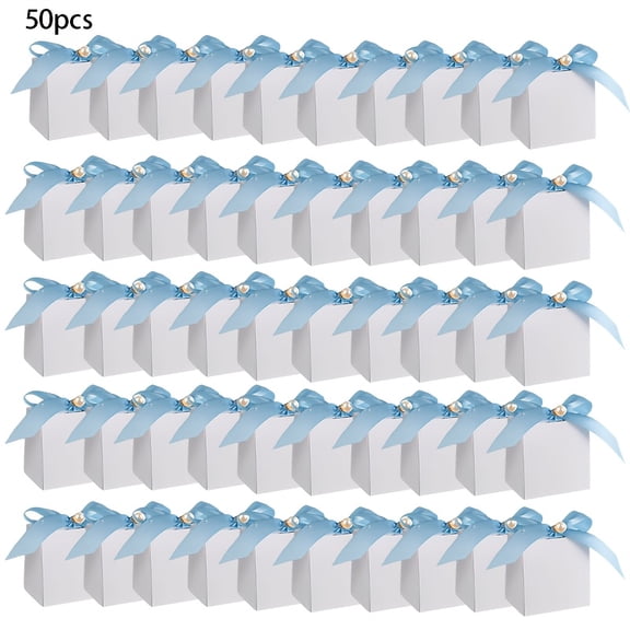 50 Pack White Gift Boxes with Ribbon and Pearl Decoration, Elegant Favor Boxes for Wedding Party Gift Packaging Candy Chocolate Small Gifts Bridal Shower Birthday Celebration Supplies