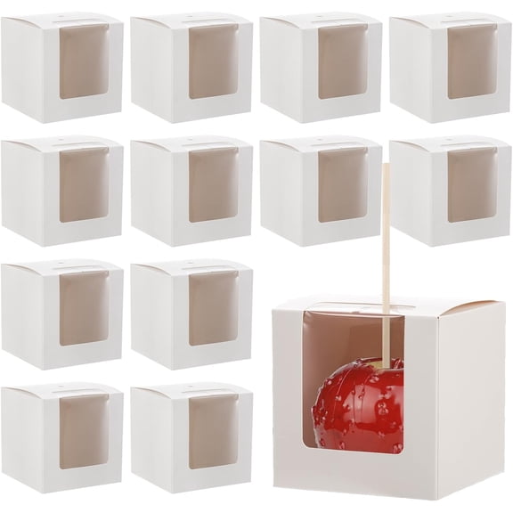 50 Pack White Kraft Candy Apple Boxes with Holes and Sticks, 4" x 4" x 4" Caramel Apple Box Gift Boxes Favor Boxes with Clear Window for Wedding Christmas Baby Shower Party Accessories