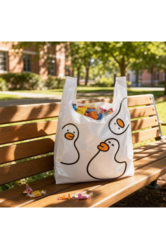 50 Pack White Plastic Shopping Bags, Thickened Waistcoat Bag, Disposable Waterfowl Print Grocery Bag, Multi-Purpose Packaging, Lightweight Carry Bag for Takeout & Storage