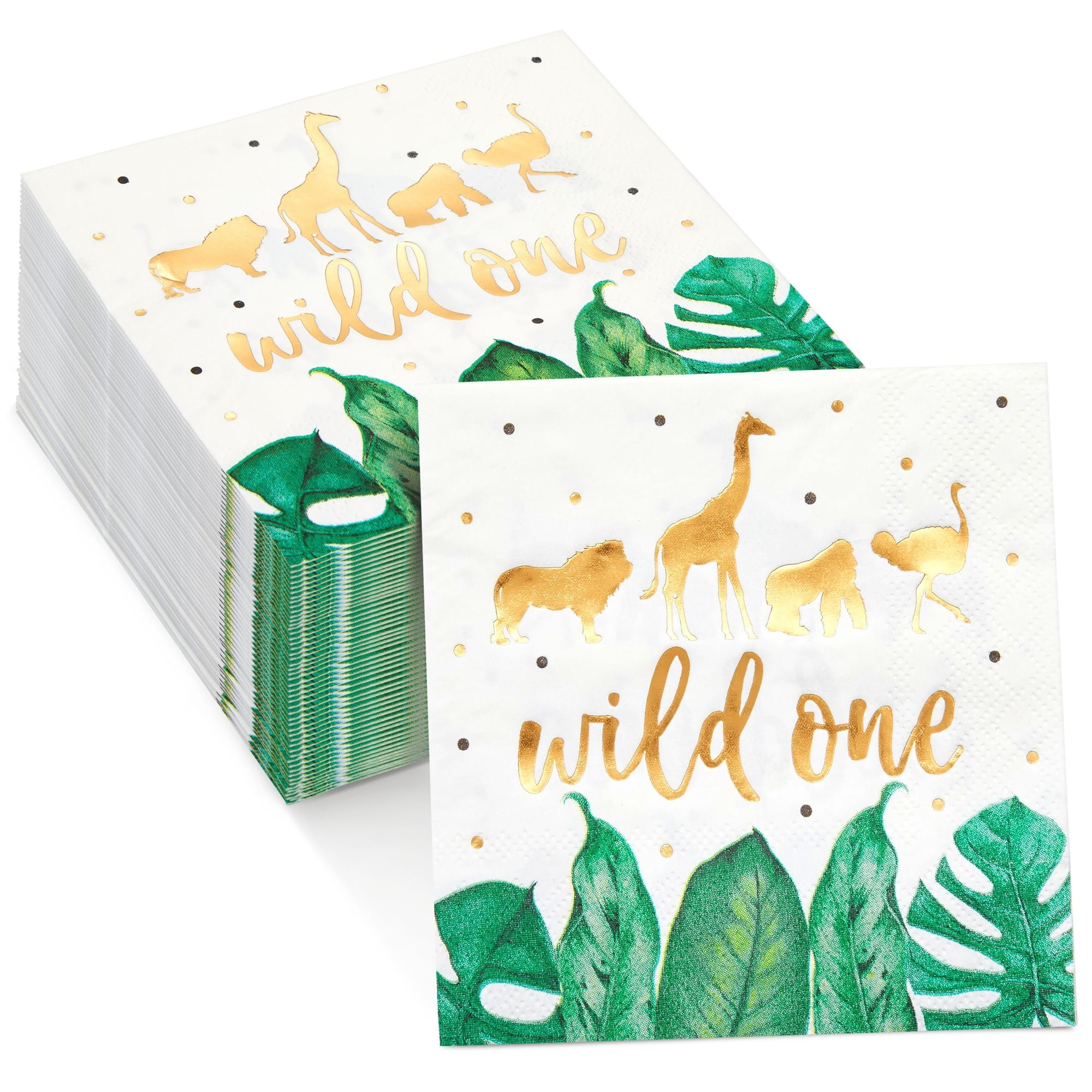SPARKLE AND BASH 50 Pack Wild One Napkins for Jungle Safari First Birthday Party Supplies, Animal Print Napkins for Boys or Girls Party, Green Leaves with Gold Foil Accents (5 x 5 In)