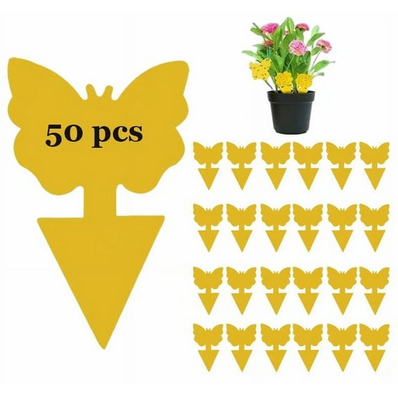 50 Pack Yellow Sticky Traps for Indoor Outdoor House Plant Flying Insect Catcher Like Fungus Gnats, Whiteflies, Aphids, Thrips, Other Flying Plant Insects(Butterfly)