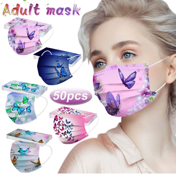 50-Pack of Adult Disposable Protective Three-Layer Breathable Masks with Butterfly Print