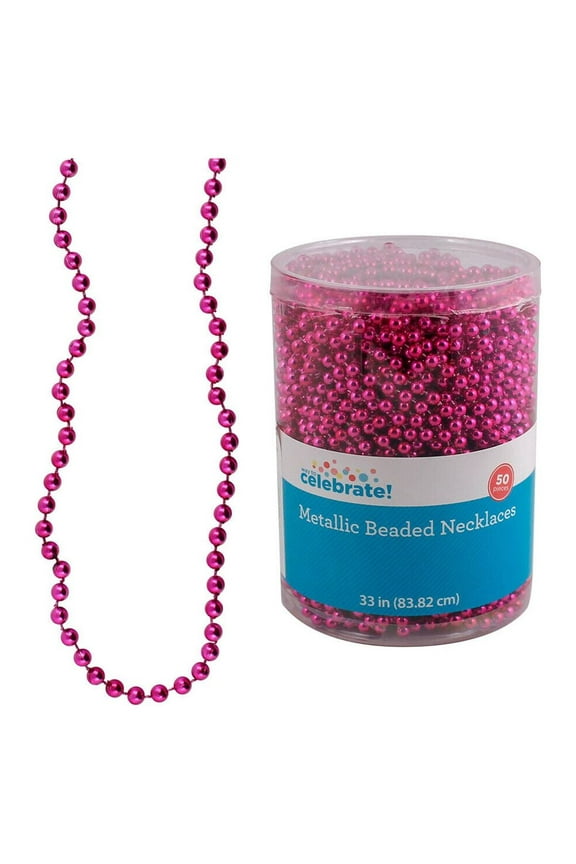 50 Pack of Celebrate 33" Hot Pink Metallic Beaded Necklaces Round 6mm Beads 1286