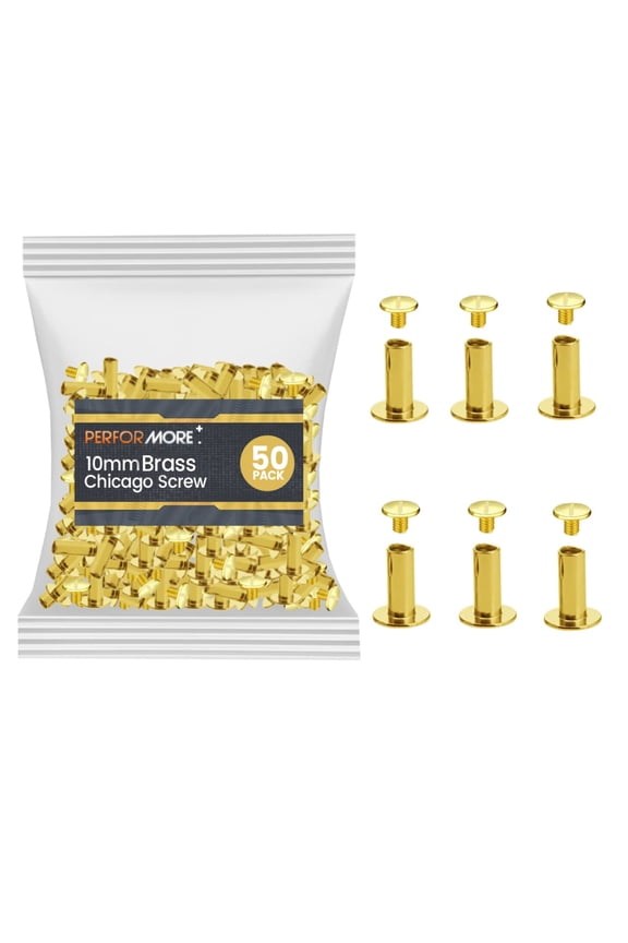 50 Pack of Chicago Screw Post Binding Screws, 10mm Brass Plated Metal Screw Posts for Scrapbooking, Photo Albums, Binding Leather Repair